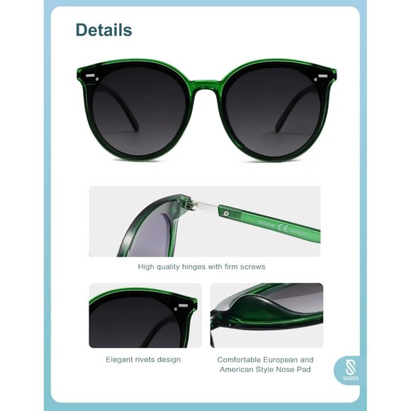 ⚡SOJOS Womens Green Trendy Classic Round Retro Vintage Large Frame Sunglasses - Picture 4 of 5
